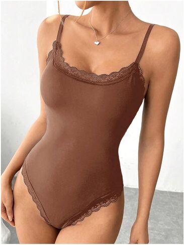 Milumia Women's Sexy Square Neck Lace Trim Spaghetti Strap Cami Bodysuit Jumpsuit Tops in Saudi Arabia
