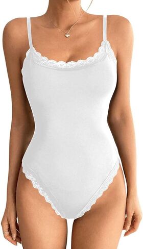 Milumia Women's Sexy Square Neck Lace Trim Spaghetti Strap Cami Bodysuit Jumpsuit Tops in Saudi Arabia