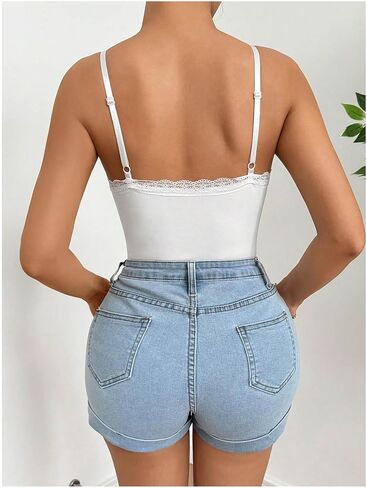 Milumia Women's Sexy Square Neck Lace Trim Spaghetti Strap Cami Bodysuit Jumpsuit Tops in Saudi Arabia