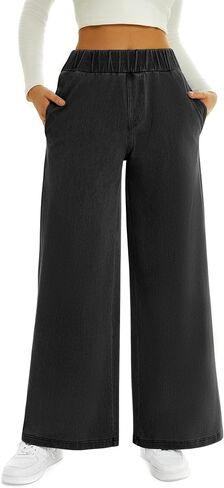 FireSwan Women's Wide Leg Jeans Mid Rise Elastic Waist Stretchy Baggy Loose Casual Denim Pants with Pockets in Saudi Arabia