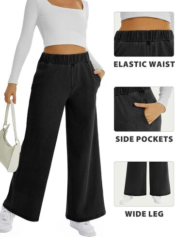 FireSwan Women's Wide Leg Jeans Mid Rise Elastic Waist Stretchy Baggy Loose Casual Denim Pants with Pockets in Saudi Arabia