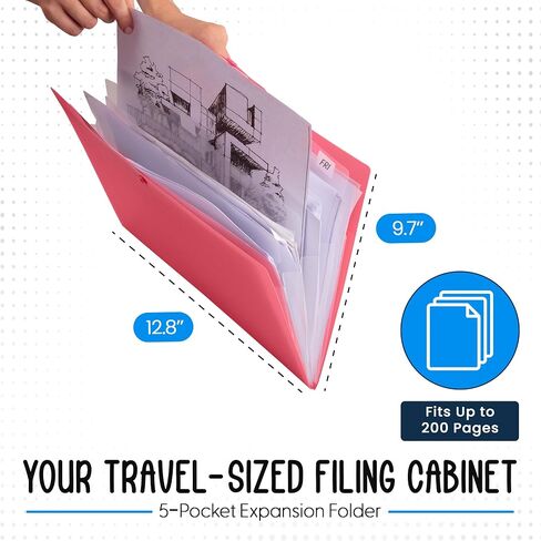 5 Pocket Expanding File Folder - Rose - 12.8" x 9.7" - Travel Folder Organizer - Paper Organizer Folder Letter Size Documents - Water-Resistant Important Document Organizer in Saudi Arabia