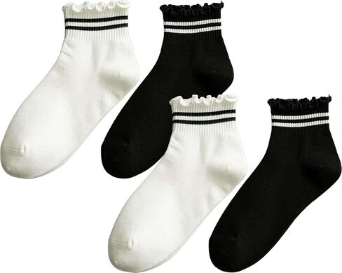 Womens Striped Ruffle Ribbed Crew Frilly Socks Cute Dot Athlete Ankle Cotton Casual Sock Size5-9 in Saudi Arabia
