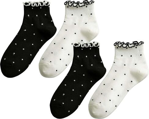 Womens Striped Ruffle Ribbed Crew Frilly Socks Cute Dot Athlete Ankle Cotton Casual Sock Size5-9 in Saudi Arabia