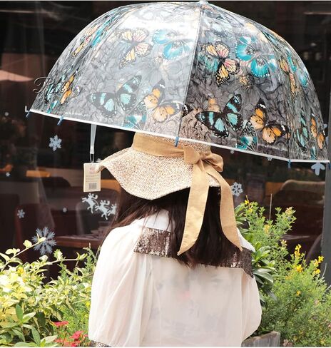 ThreeH Women's Clear Bubble Umbrella Transparent Dome Coverage Windproof Rainproof with Beautiful Buttefly Flower Patterns in Kuwait