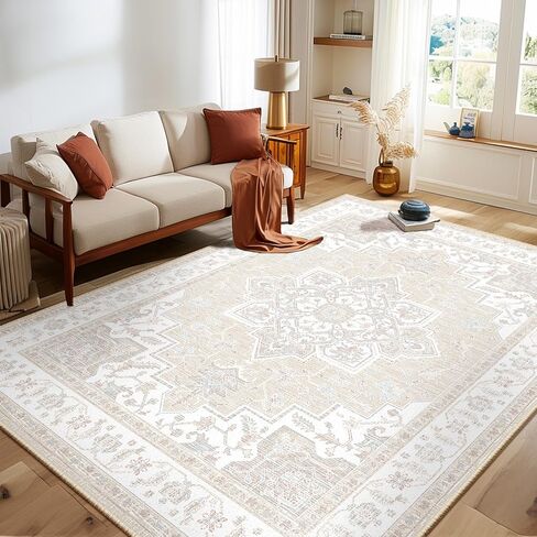 BESTSWEETIE Area Rugs 8x10 for Living Room, Washable Rugs 8x10, Soft Boho Rugs Non Slip Carpet, Low Pile Doormat Vintage Rug for Dining Room Bedroom Indoor-Cream/Light Ivory/Beige in Saudi Arabia