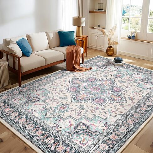 BESTSWEETIE Area Rugs 8x10 for Living Room, Washable Rugs 8x10, Soft Boho Rugs Non Slip Carpet, Low Pile Doormat Vintage Rug for Dining Room Bedroom Indoor-Cream/Light Ivory/Beige in Saudi Arabia