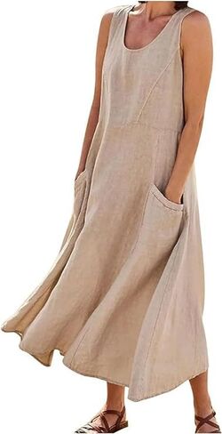 Linen Dress for Women Summer Sleeveless Solid Casual Baggy Flowy Maxi Dresses with Pockets in Kuwait