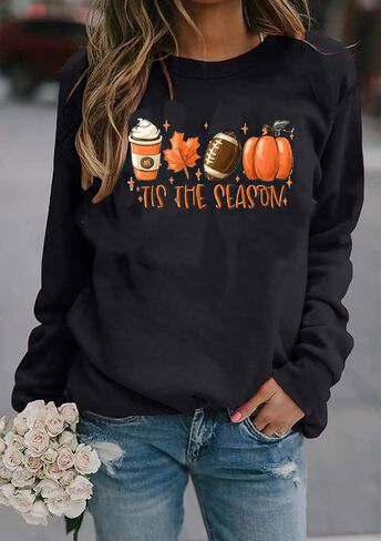 BOMYTAO Fall Sweatshirt for Women Tis The Season Pumpkin Maple Leaf Pullovers Tops Game Day Football Long Sleeve Shirts in Saudi Arabia
