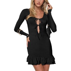 Women's Cut Out Long Sleeve Scoop Neck Mini Dress Tie Front Ruffle Hem Bodycon Dresses