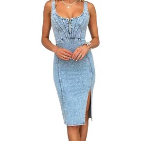 Women's Denim Dress Sleeveless Side Slit Bodycon Midi Jean Scoop Neck Dresses