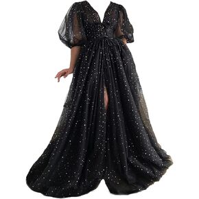 Clothfun Women's Sparkle Starry Tulle Puffy Sleeve Prom Dresses Long Plus Size Formal Evening Gowns with Slit