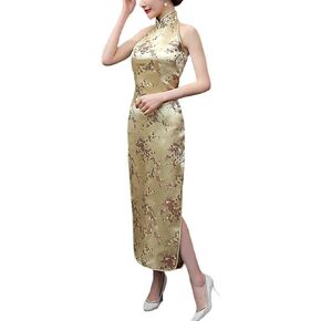 Women's Halterneck Sleeveless Chinese Cheongsam Mandarin Collar Side Split Long Qipao Party Dress Outfit