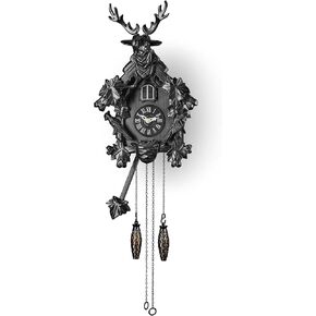 Cuckoo Clock with Automatic Night Mode, Quartz Movement and Carved Deer Head (Dark Brown)