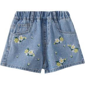 Little Girls Jean Shorts Denim Shorts Elastic Waist Drawstring Shorts for Girls 7-14 Years