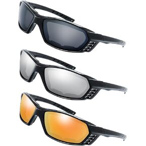 The Fresh 3 Pairs Motorcycle Riding Glasses Padded Frame Lens Block 100% UVB for Outdoor Activity Sport (11-Shiny Black, Grey, Silver Mirror, & Red Mirror)