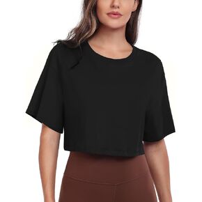 HeyNuts Pima Cotton Short Sleeve Cropped Tops for Women Crew Neck Basic Casual Crop T-Shirt Relaxed Fit