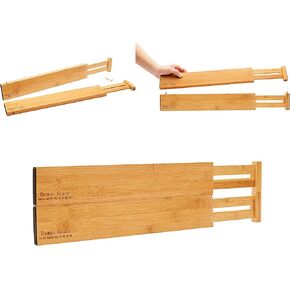 Bamboo Kitchen Drawer Organizer Divider Stackable for Deep Drawers. (Set-of- 4) Spring Loaded Dividers that are Expandable & Adjustable. Kitchen Organizer.