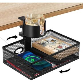 Black 360-Degree Under Desk Organizer with Cup Holder, Clamp-on Swivel Pencil Drawer Desk Hidden Extra Sturdy C-Clamp Mount System, Easy to Install, Strong and Durable