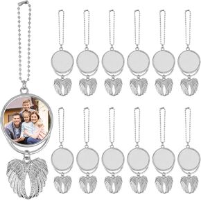 12 PCS Angel Wings Sublimation Keychain Blanks, Double Side Heat Transfer Blanks with Angel Wings Charms, MDF Round Key Rings Blanks for Sublimation DIY Craft