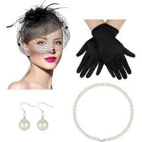 4 Pieces Fascinators Hat Veil Mesh Hair Clip Black Cocktail Tea Party Gloves Faux Pearl Beads Strand Necklace Earring Set for Women Vintage Costume Accessories