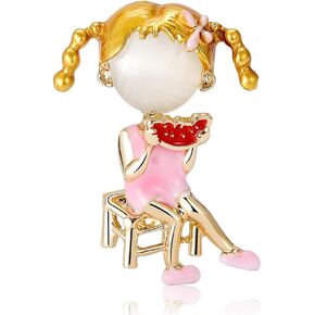 Lovely Girl Eating Watermelon Brooches Cute Funny Statement Cat Eye Lapel Pin Brooch Clothes Tie Accessories Dainty Ornament Jewelry Gifts for Daughter Niece Birthday Christmas