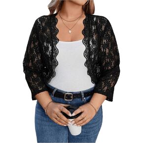 GORGLITTER Women's Plus Floral Lace 3/4 Sleeve Bolero Shrugs Sheer Open Front Cardigan Blazer