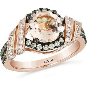 LE VIAN 14K Rose Gold, Morganite & 1/2 Cttw White/Chocolate Diamond Ribbons Halo Fashion Ring (G-H & Fancy Brown Color, VS2-SI2 Clarity) - Size 7