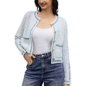 Women's Casual Cardigans Open Front Contrast Trim Short Button Long Sleeved Cropped Sweater Outwear