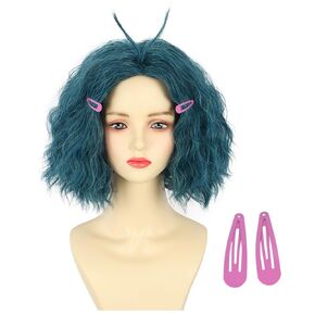 Women Adult Short Green and Blue Curly Wig with 2 Hairpins Halloween Cosplay Party Costume Wig