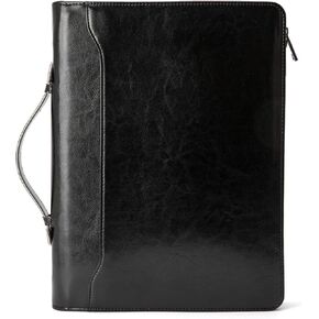 Genuine Leather Portfolio with Hidden Handle, Zippered Padfolio, A4 Notepad Business Folder, Brown, Oil Tanned