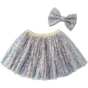 Jastore Little Girls Layered Tutu Skirt with Hairbow Sparkling Sequin Tulle Dance Skirts Girls Birthday Party Clothes