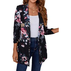 Women's Long Blazer Jackets Button Front Lapel Ruched 3/4 Sleeve Business Casual Office Work Lightweight Blazers