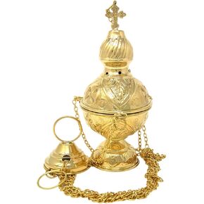 Brass Hanging Incense Burner with Chain, High Polished Censer, 8 4/5 Inches