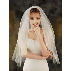2 Tier Wedding Veil for Brides Short Bridal Tulle Hair Accessories with Comb and Cut Edge Pearl Veil Headband for Bachelorette Wedding Party (Ivory)