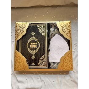 English Translate Thermo Leather Covered Quran, Tafta Prayer Mat, Pearl Breads, Woman Turban and Luxury Gift Box 5 Pieces Set, Great Ramadan Gifts for Muslim Men and Women Gift (Pink,Sets)