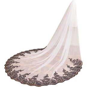 1 T Cathedral Length 3M Black Sequin Lace Wedding Bridal Veil With Metal Comb