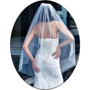 Pearl Bridal Veil Pearl Beaded Wedding Veil 1 Tier Fingertip Length Bridal Tulle Veils for Women and Brides