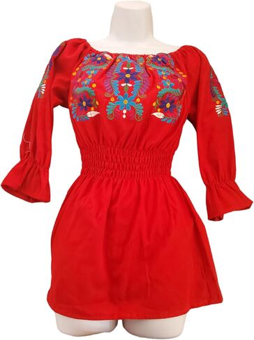 Authentic Embroidered Mexican Floral Embroidered Blouse Traditional bordados mexicanos huipil colorful mexicanos traditional bordados Short Sleeve from Mexico womens (M, Cream and Colors Poinsettia) in Saudi Arabia