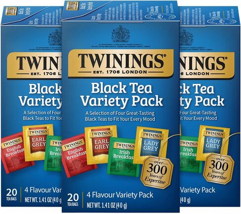 Twinings Black Tea Variety Pack with Earl Grey Tea, English Breakfast Tea, Irish Breakfast Tea, and Lady Grey Tea Bags, Individually Wrapped, 20 Count Ea (Pack of 3) in Saudi Arabia