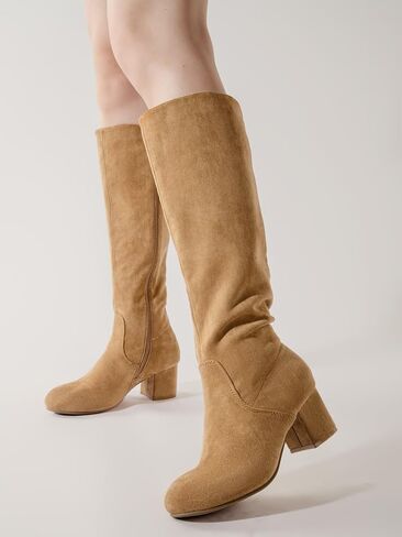 Shoe'N Tale Knee High Boots for Women Block Chunky Heel Boots with Side Zipper in Saudi Arabia