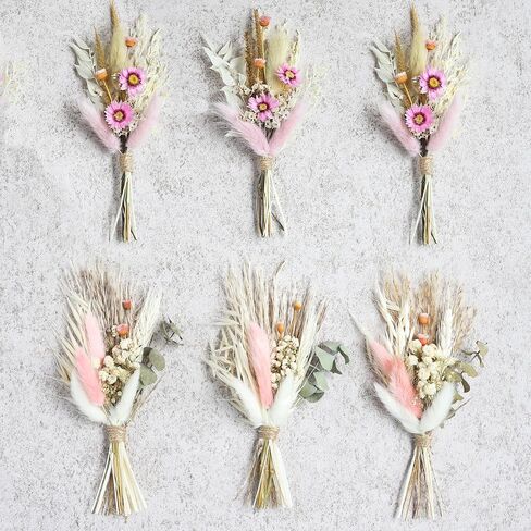 Mini Dried Flower Bouquet Set of 6, Boho Wedding Decor, Boutonniere for Men,Table Centerpieces, Dry Pampas Grass,Birthday Cake Flowers,Personalized Bridesmaid Gift Box,Small Bottles Decoration.(White) in Kuwait