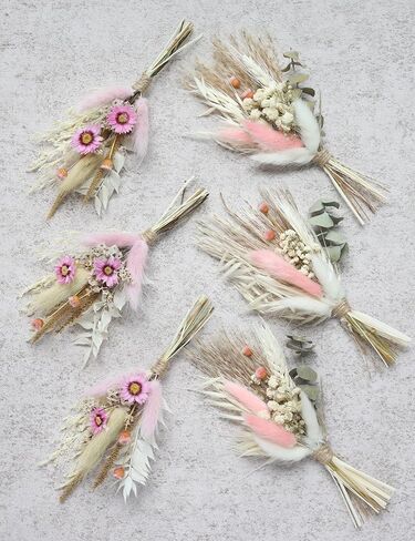 Mini Dried Flower Bouquet Set of 6, Boho Wedding Decor, Boutonniere for Men,Table Centerpieces, Dry Pampas Grass,Birthday Cake Flowers,Personalized Bridesmaid Gift Box,Small Bottles Decoration.(White) in Kuwait