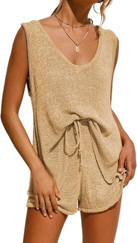 Women's Two Piece Outfits Knit Sweater Sets V-Neck Sleeveless Tank Top and Drawstring Shorts Set Lounge Sets in Kuwait