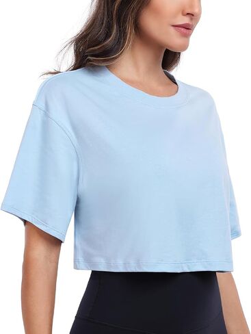 HeyNuts Pima Cotton Short Sleeve Cropped Tops for Women Crew Neck Basic Casual Crop T-Shirt Relaxed Fit in Saudi Arabia