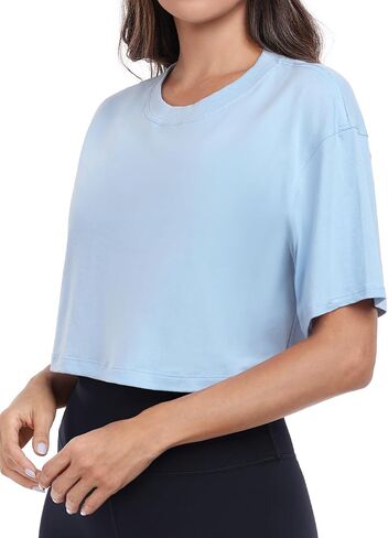 HeyNuts Pima Cotton Short Sleeve Cropped Tops for Women Crew Neck Basic Casual Crop T-Shirt Relaxed Fit in Saudi Arabia