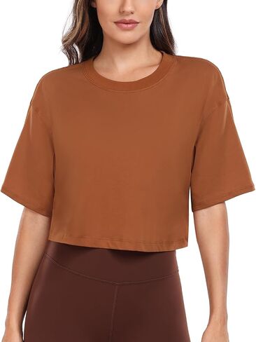 HeyNuts Pima Cotton Short Sleeve Cropped Tops for Women Crew Neck Basic Casual Crop T-Shirt Relaxed Fit in Saudi Arabia
