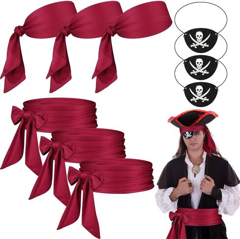 مجموعة إكسسوارات أزياء قرصان الهالوين 9 قطع من Geosar، 3 باندانا قرصان، 3 رقعة عين، قناع عين، 3 وشاح قرصان، حزام خصر in Kuwait