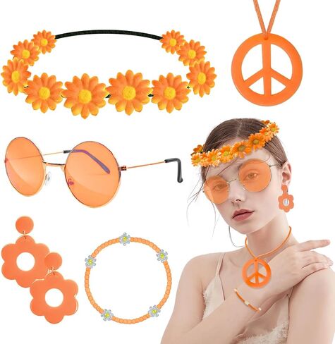 Hippie Costume Accessories Set Peace Sign Necklace Sunglasses Flower Headband Earrings for 60s 70s Outfit Party Women in Kuwait