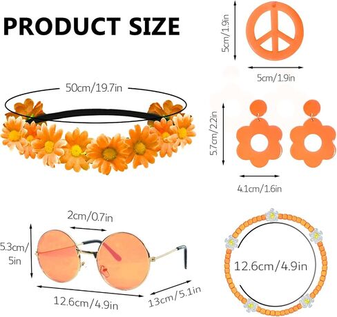 Hippie Costume Accessories Set Peace Sign Necklace Sunglasses Flower Headband Earrings for 60s 70s Outfit Party Women in Kuwait
